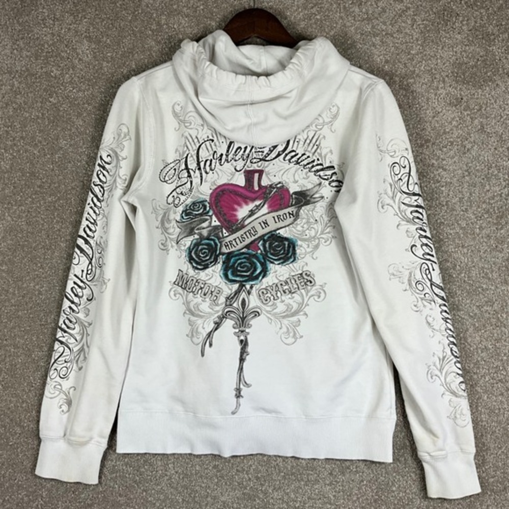 Harley Davidson Womens White Artistry in Iron Graphic Zip Up Hoodie Medium